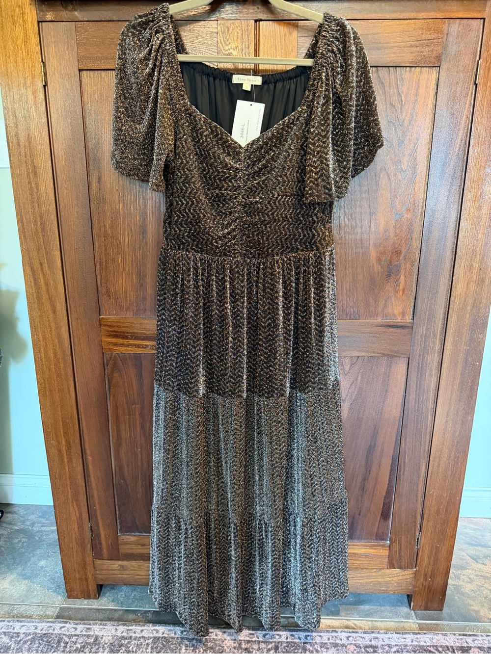 Metallic Black and Gold V-Neck Tiered Maxi Dress